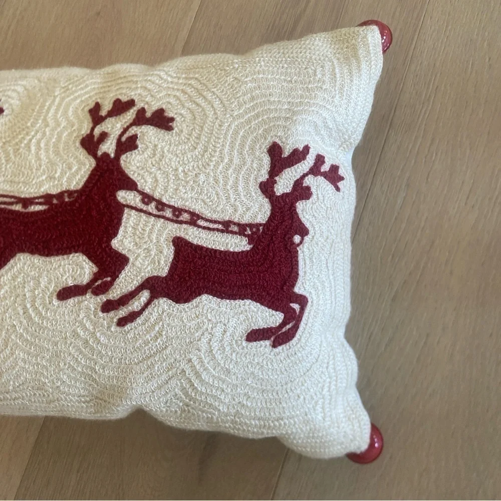 Pottery Barn Crewel Christmas Pillow Santa Reindeer Sleigh Bells 24 x 12